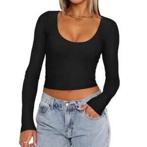 Casual Scoop Neck Double Lined Long Sleeve Slim Fitted Crop Tshirts Y2K NWOT